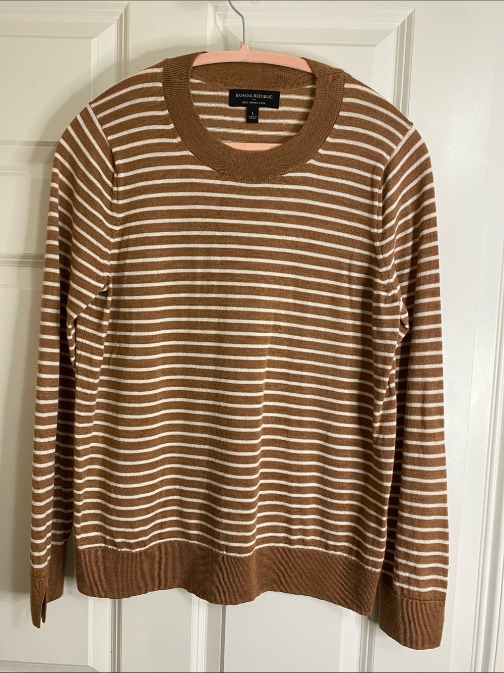 Banana Republic Women’s Tan & White Striped Crewneck Sweater